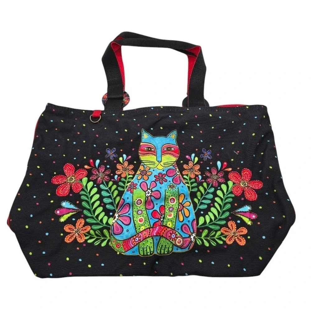 Laurel Burch Large Tote Bag 21x15x6.5 Cat Floral Canvas Black Multi Zip Pocket